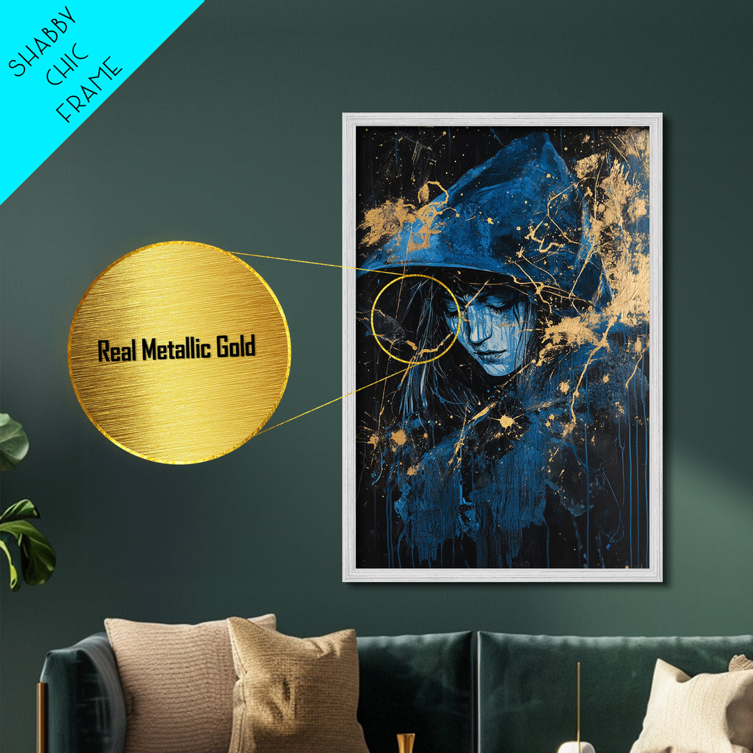 Witchy Hooded Woman in Blue, Metallic Gold Art, Gothic Spooky Season Metal Art on Canvas Framed in Authentic Real Wood