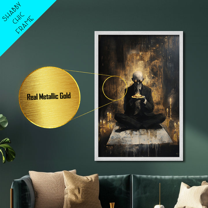 Surreal Masked Occult Figure with Pizza, Creepy Gothic Metallic Gold Art, Spooky Metal Art framed in real wood décor