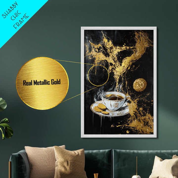 Haunted Coffee and Cookies Scene, Metallic Gold Art, Spooky Kitchen Witch Metal Art with Real Wood Frame Halloween Decor