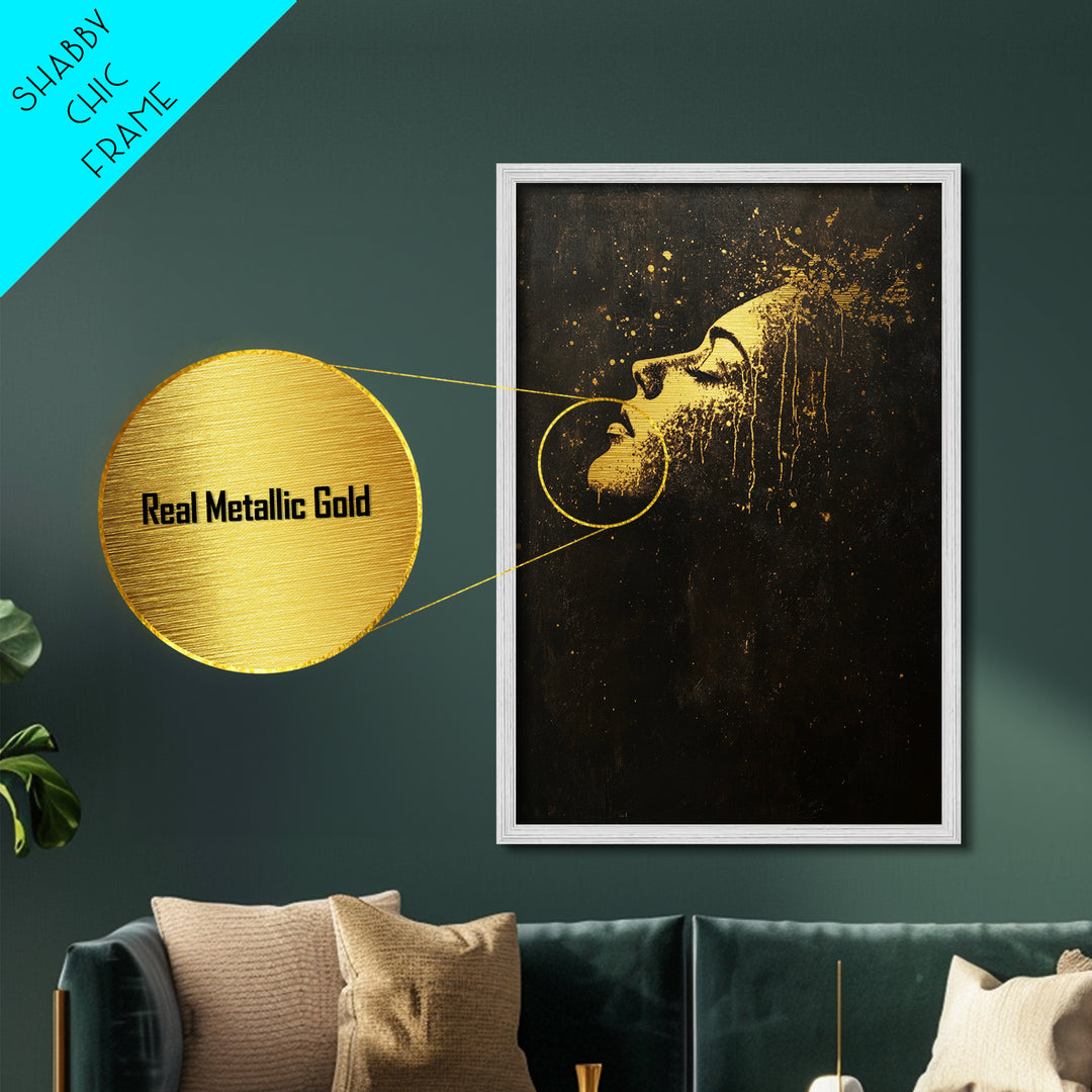 Golden Face in Darkness Abstract, Metallic Gold Art, Spooky Gothic Metal Art Halloween Wall Hanging with Real Wood Framing