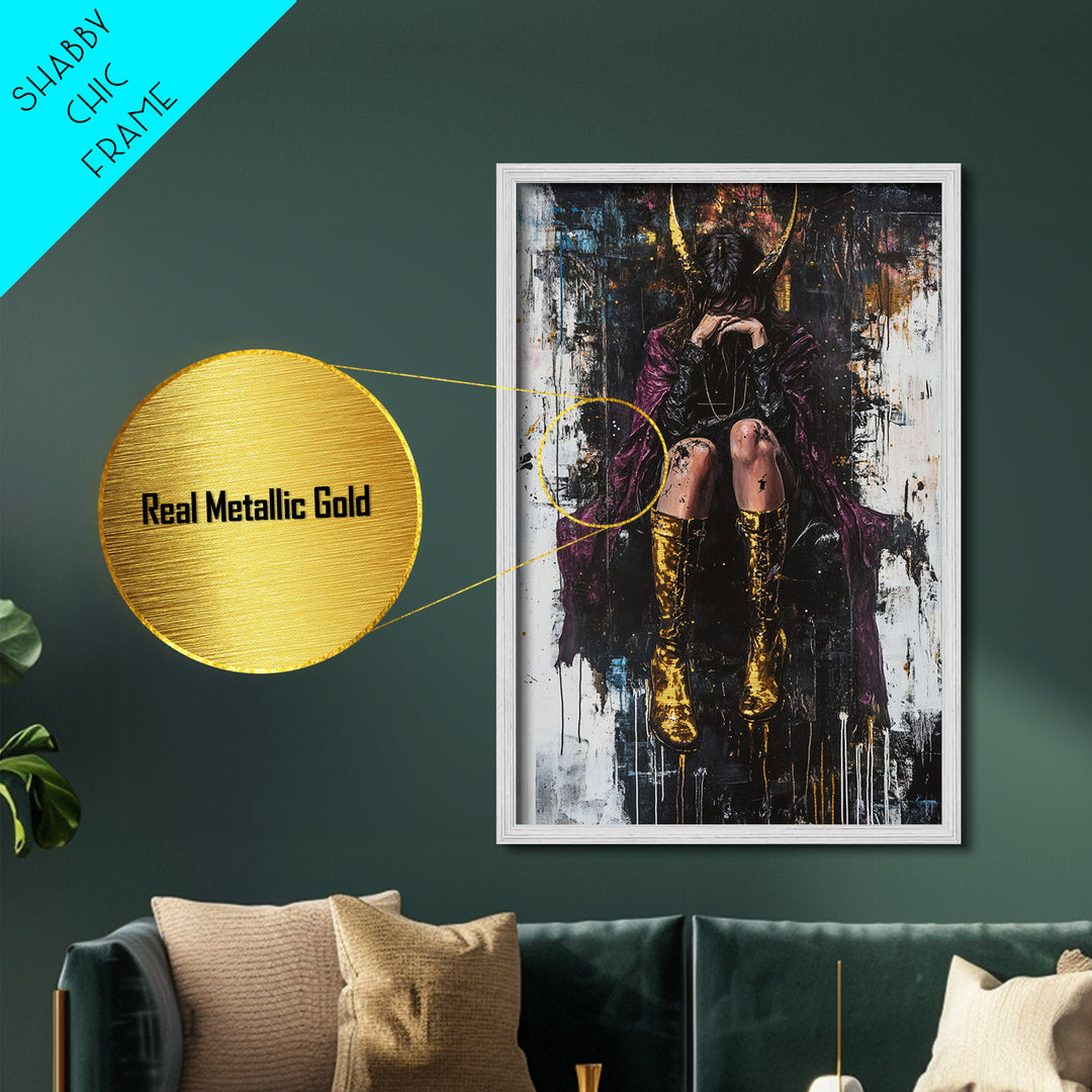 Dark Gothic Woman with Golden Horns, Metallic Gold Art, Spooky Halloween Witch Metal Art in Real Wood Frame Wall Hanging