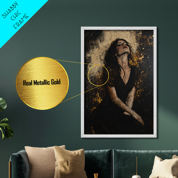 Mystical Black Dress Portrait, Metallic Gold Art, Gothic Spooky Horror Metal Art Wall Decor with Real Wooden Frame