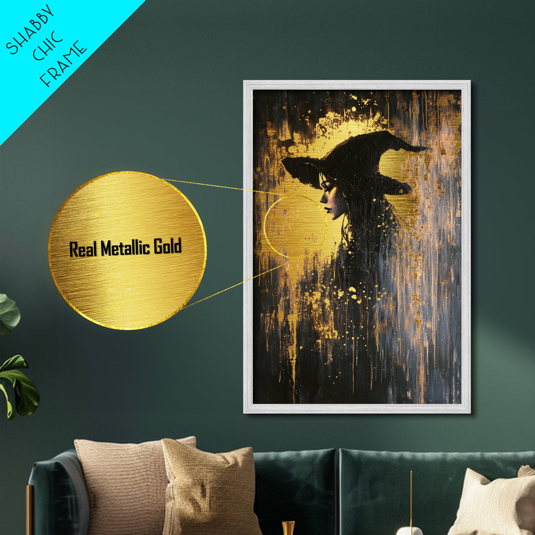 Witch Hat Halloween Portrait, Metallic Gold Art, Spooky Season Gothic Witch Metal Art Framed in Rustic Real Wood