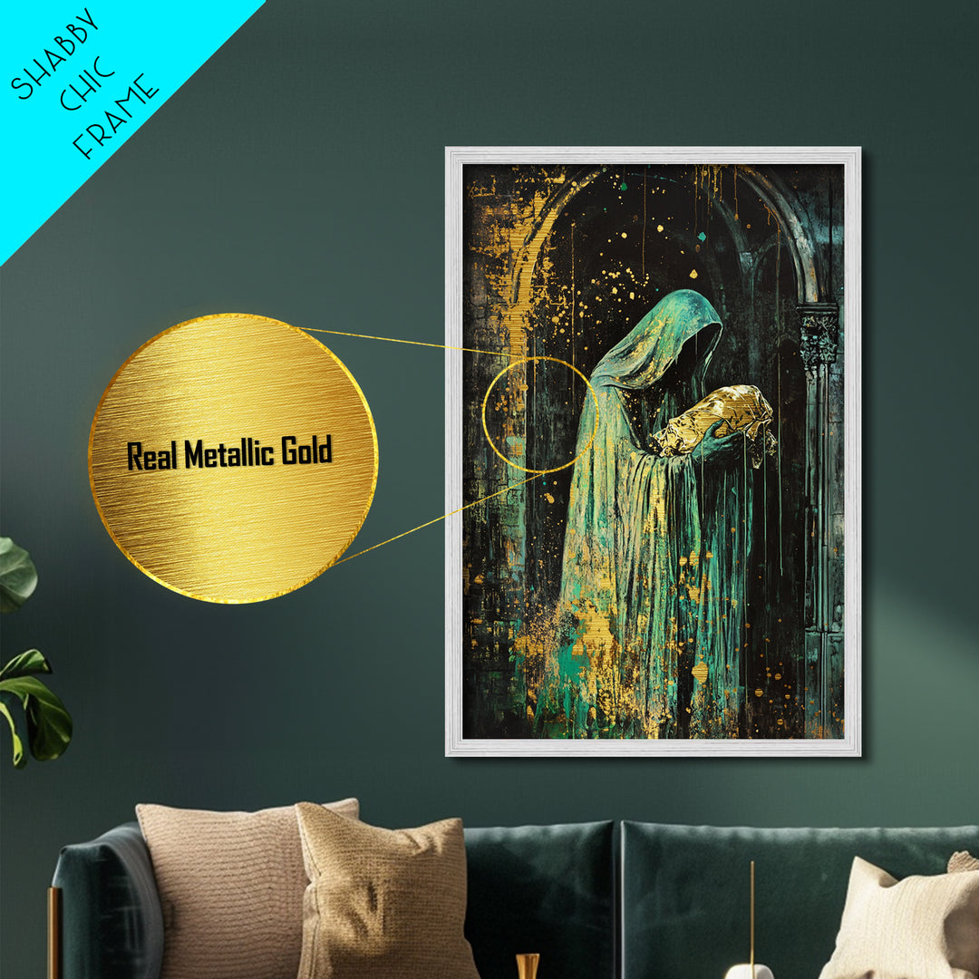 Hooded Phantom with Golden Baby Metallic Gold Art, Creepy Gothic Priest Metal Art in Natural Wood Frame for Halloween