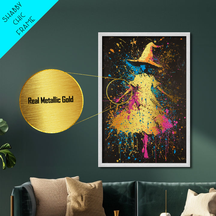 Neon Witch Hat Metallic Gold Art, Psychedelic Spooky Metal Art Print with Real Wood Frame, Vibrant Halloween Wall Decor