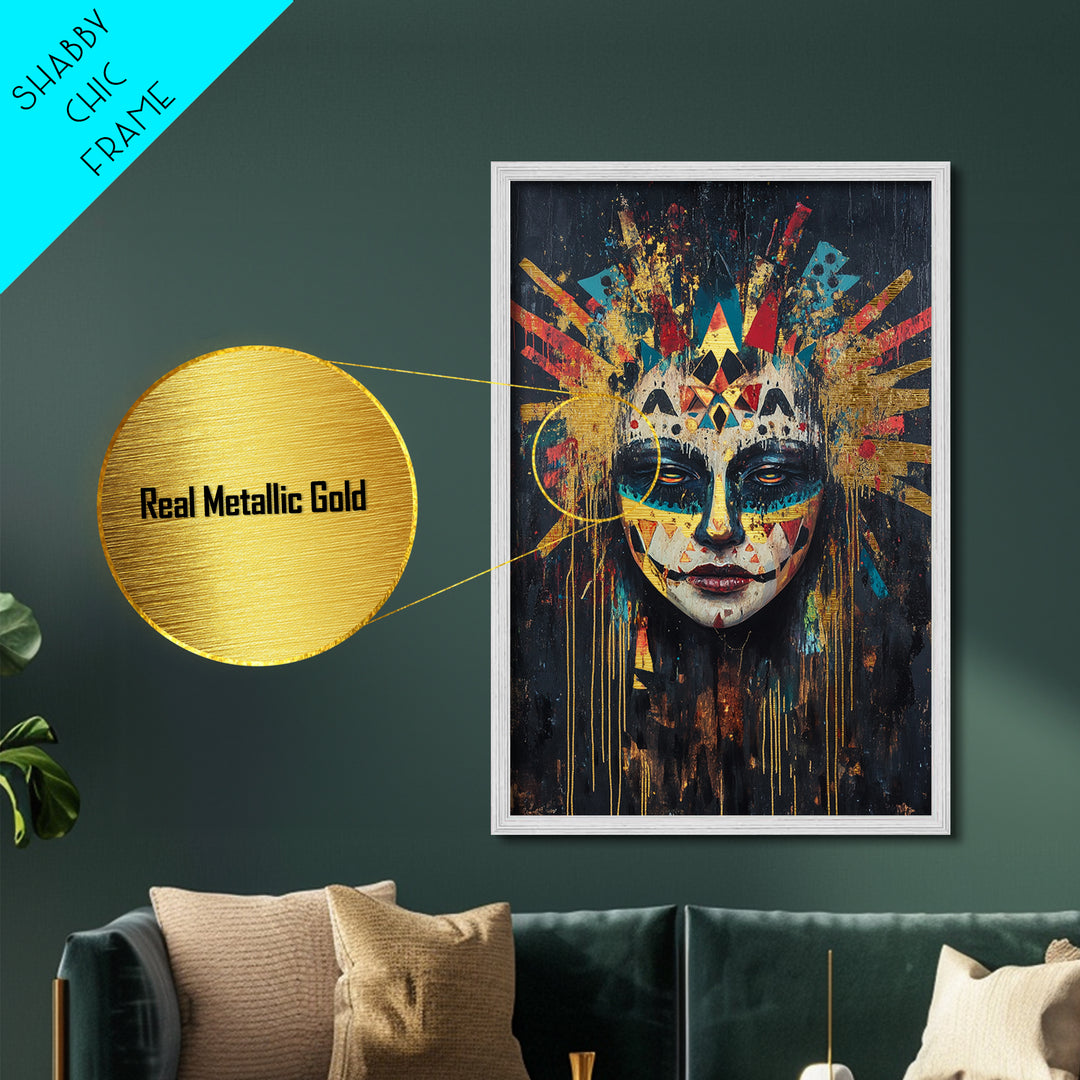 Tribal Skull Mask Metallic Gold Art, Spooky Witchy Horror Portrait Metal Art with Real Wood Frame, Gothic Halloween Decor