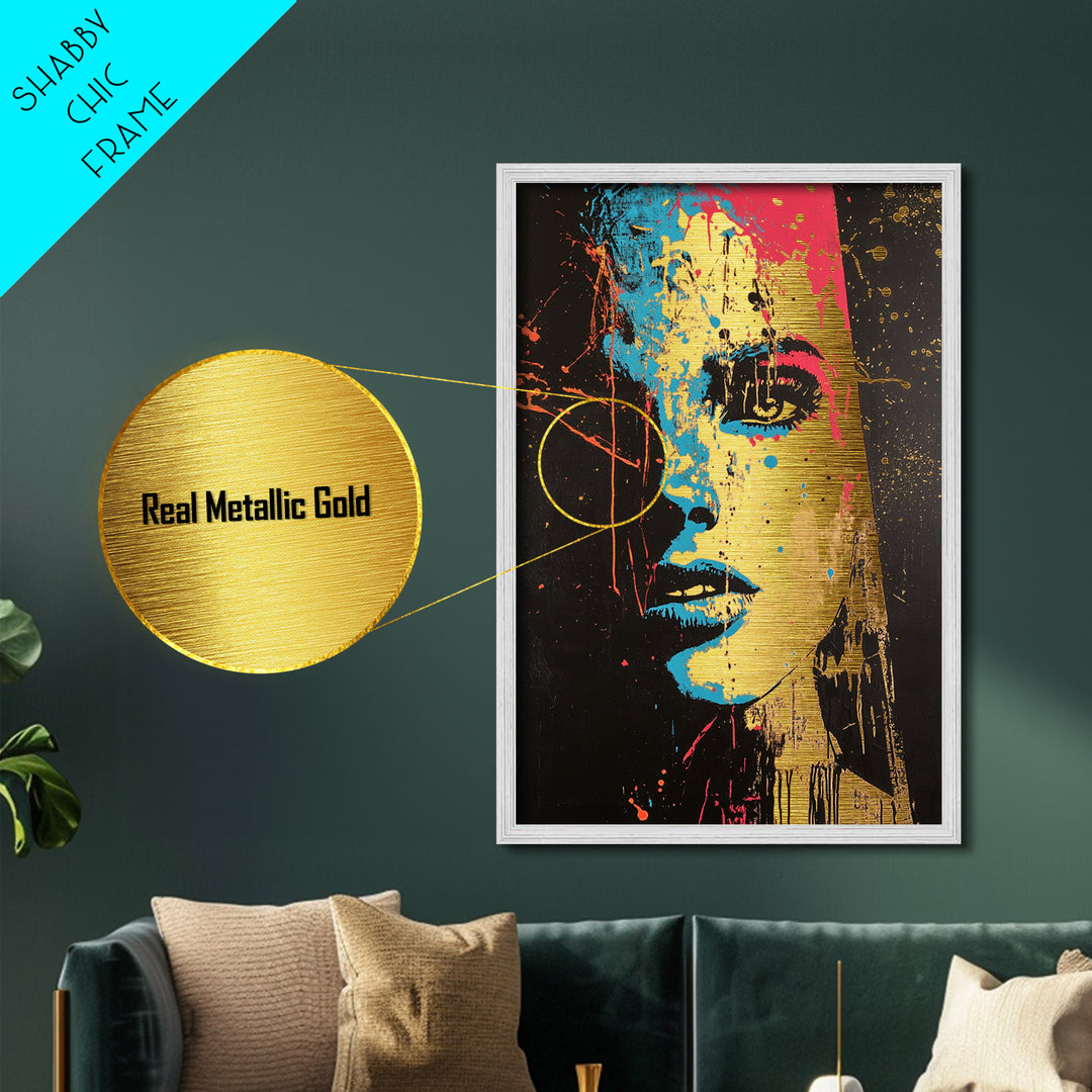 Color Splash Haunted Portrait, Bold Spooky Pop Art Face in Metallic Gold Art, Gothic Season Metal Art with wood frame