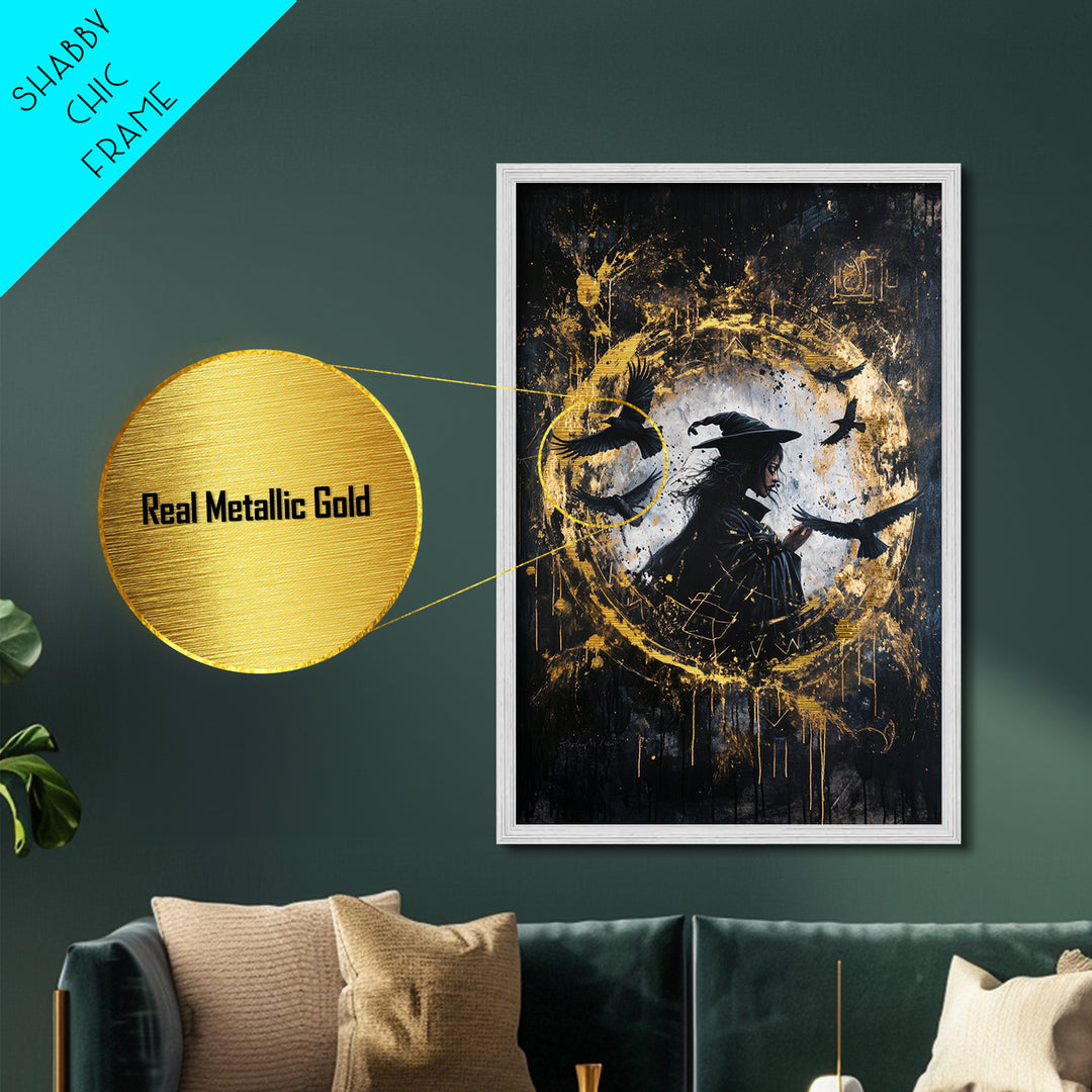 Witch Surrounded by Crows Metallic Gold Art, Haunted Circle Spell Metal Art, Halloween Gothic Decor with Framed Wood Finish