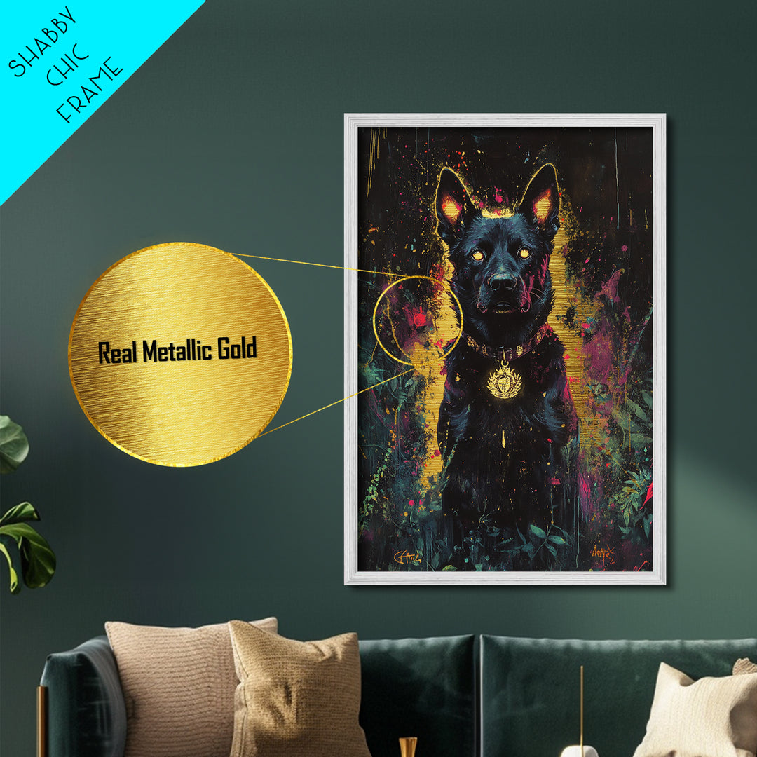 Black Hellhound Metallic Gold Art, Spooky Haunted Dog Metal Art, Halloween Wall Decor Framed in Natural Real Wood
