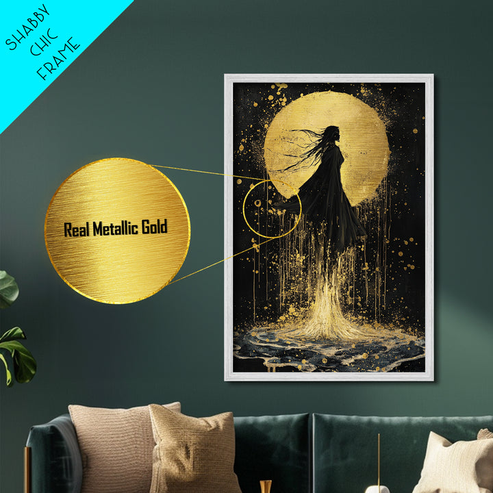 Mystic Woman in Moonlight Metallic Gold Art, Witchy Floating Silhouette Metal Art, Spooky Season Decor in Real Wood Frame