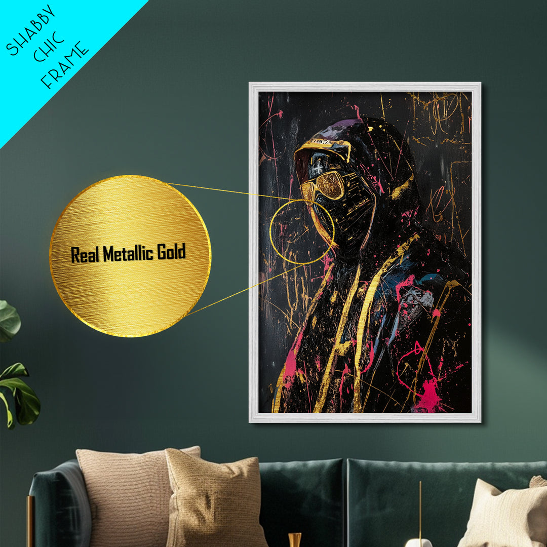 Masked Stranger Metallic Gold Art, Creepy Horror Street Style Metal Art, Spooky Halloween Decor with Natural Wood Frame