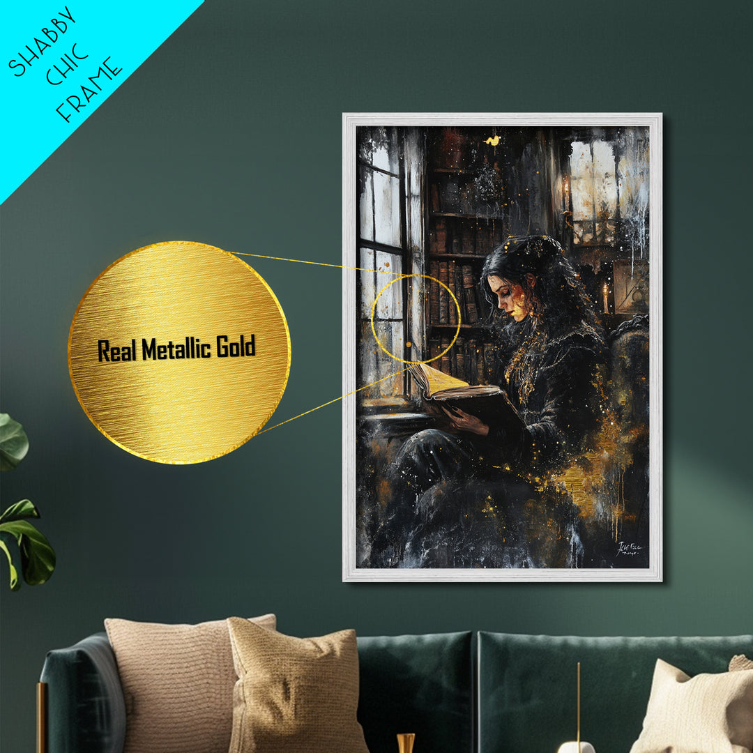 Gothic Witch Reading Spellbook Metallic Gold Art Metal Art Spooky Halloween Wall Decor framed in natural real wood