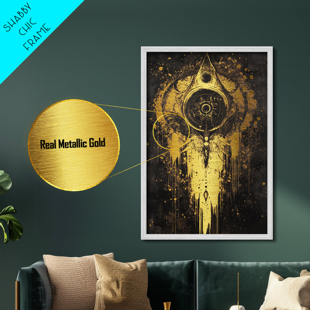 Haunted Celestial Angel Metallic Gold Art Metal Art Occult Halloween Spooky Season Wall Hanging with real wood frame