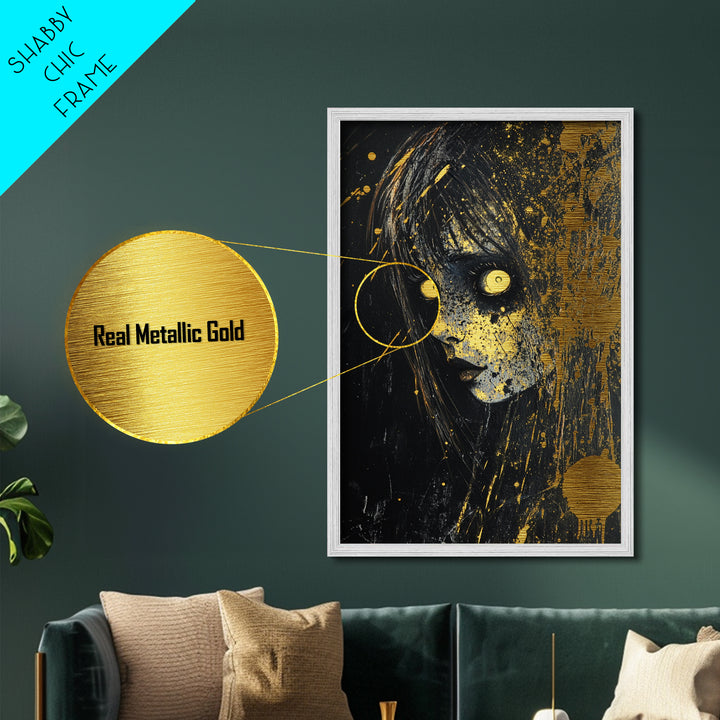Creepy Horror Doll Portrait Metallic Gold Art Metal Art Spooky Halloween Wall Decor in handcrafted real wood frame