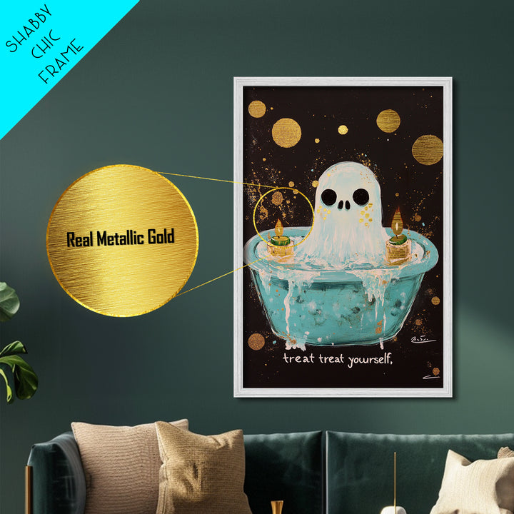 Cute Bathtub Ghost Metallic Gold Art Metal Art Halloween Spooky Season Wall Print framed with solid real wood accents
