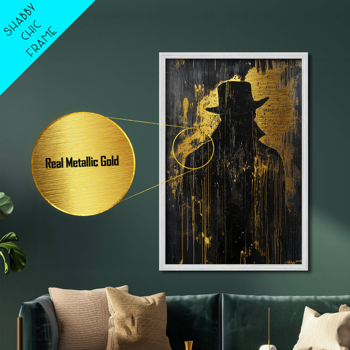 Dark Shadow Figure Metallic Gold Art Metal Art Creepy Horror Halloween Haunted Wall Decor in premium real wood frame