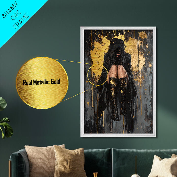 Moody Gothic Girl in Hood Metallic Gold Art Metal Art Spooky Season Haunted Halloween Wall Hanging with natural wood frame