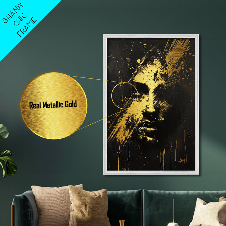 Abstract Haunted Face Metallic Gold Art Metal Art Spooky Horror Gothic Halloween Wall Print framed in genuine wood