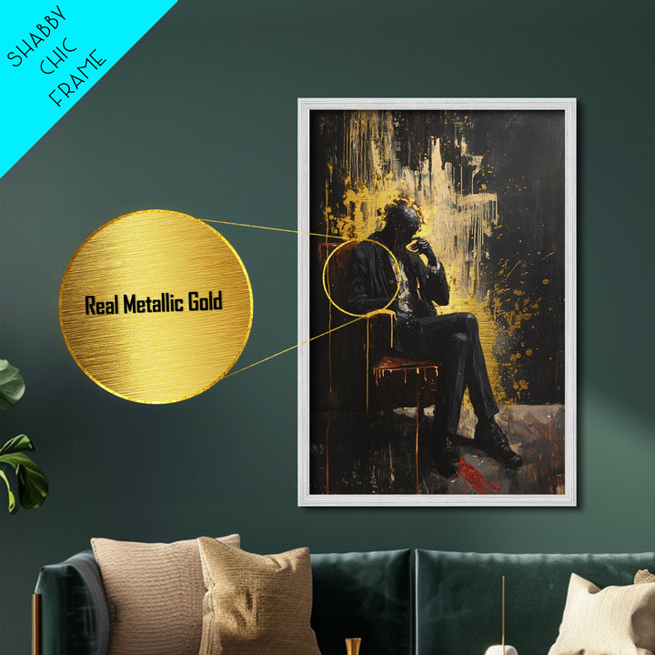 Haunted Man in Suit Metallic Gold Art Metal Art Gothic Horror Halloween Spooky Season Wall Decor framed with natural wood