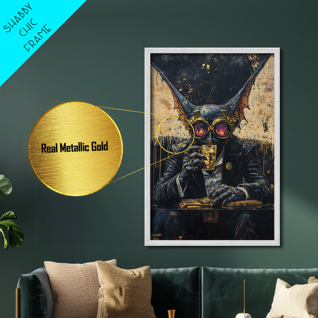 Gothic Bat Creature Drinking Whiskey – Metallic Gold Art, Spooky Season Metal Art, Framed in Real Wood for Halloween Decor