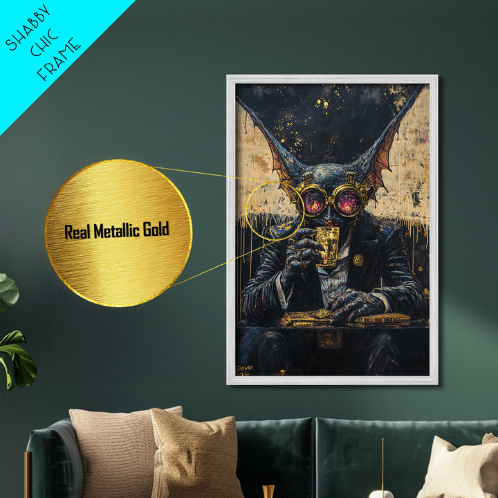 Gothic Bat Creature Drinking Whiskey – Metallic Gold Art, Spooky Season Metal Art, Framed in Real Wood for Halloween Decor