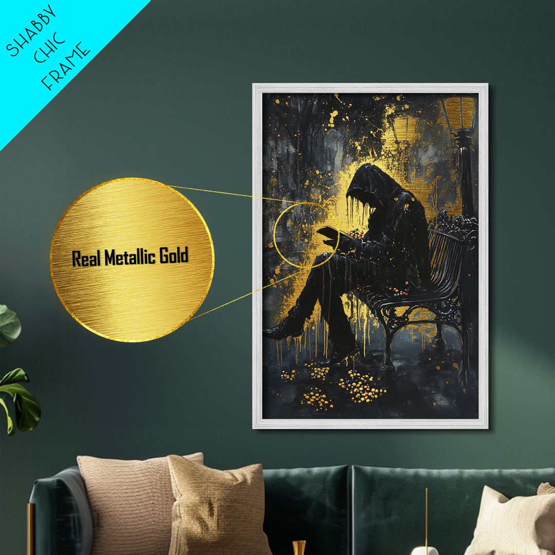 Creepy Hooded Figure Reading in Park – Metallic Gold Art, Haunted Gothic Metal Art, Spooky Wall Art in Real Wood Frame