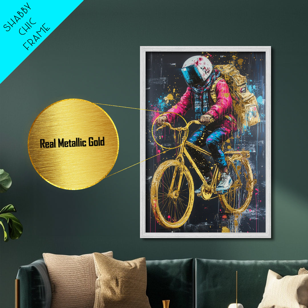 Astronaut Biker in Neon Drips – Halloween Metallic Gold Art, Surreal Spooky Season Metal Art, Real Wood Frame Gothic Decor