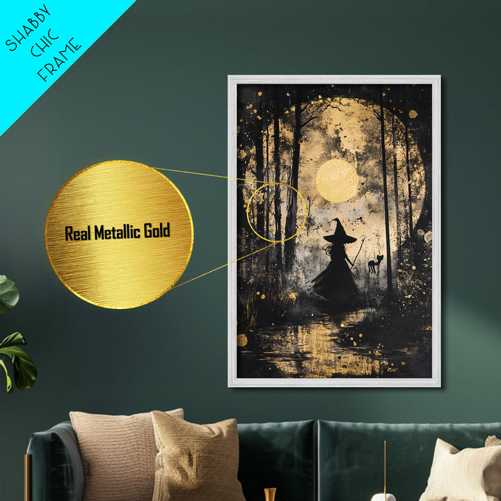 Witch in Forest with Cat and Moon – Metallic Gold Art, Halloween Spooky Metal Art, Gothic Wall Art Framed in Natural Wood