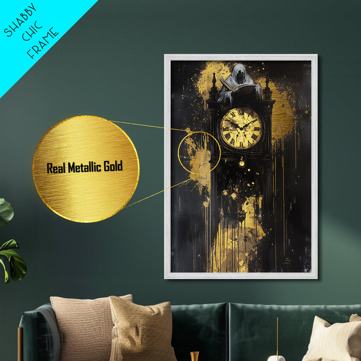 Ghostly Figure atop Gothic Clock – Metallic Gold Art, Haunted Metal Art, Spooky Season Halloween Wall Decor in Real Wood Frame