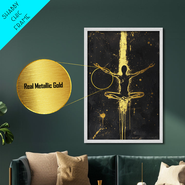 Meditative Silhouette with Golden Aura – Metallic Gold Art, Spiritual Halloween Metal Art, Spooky Season Wall Piece in Wood Frame