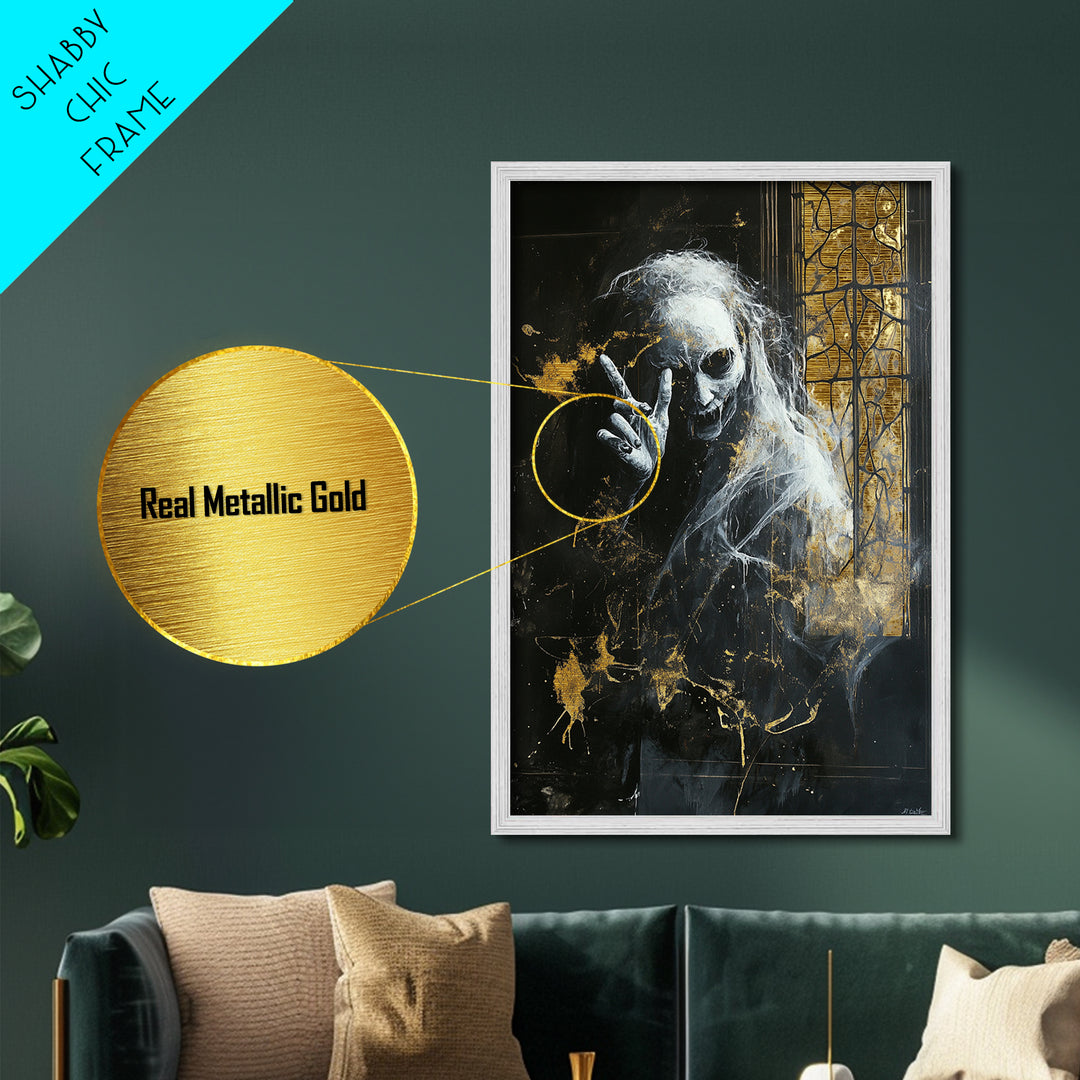 Creepy Ghost by Gothic Window – Metallic Gold Art, Haunted Gothic Metal Art, Halloween Wall Art with Natural Real Wood Frame