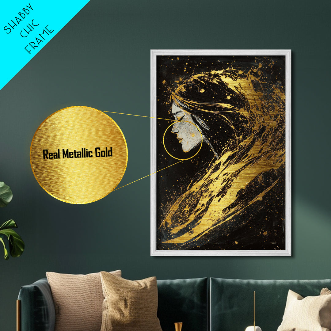 Haunting Woman Profile Metallic Gold Art, Gothic Metal Art Wall Decor in Natural Wood Frame, Spooky Season Halloween Gift