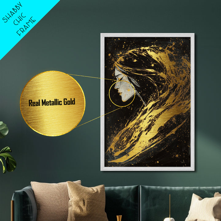 Haunting Woman Profile Metallic Gold Art, Gothic Metal Art Wall Decor in Natural Wood Frame, Spooky Season Halloween Gift