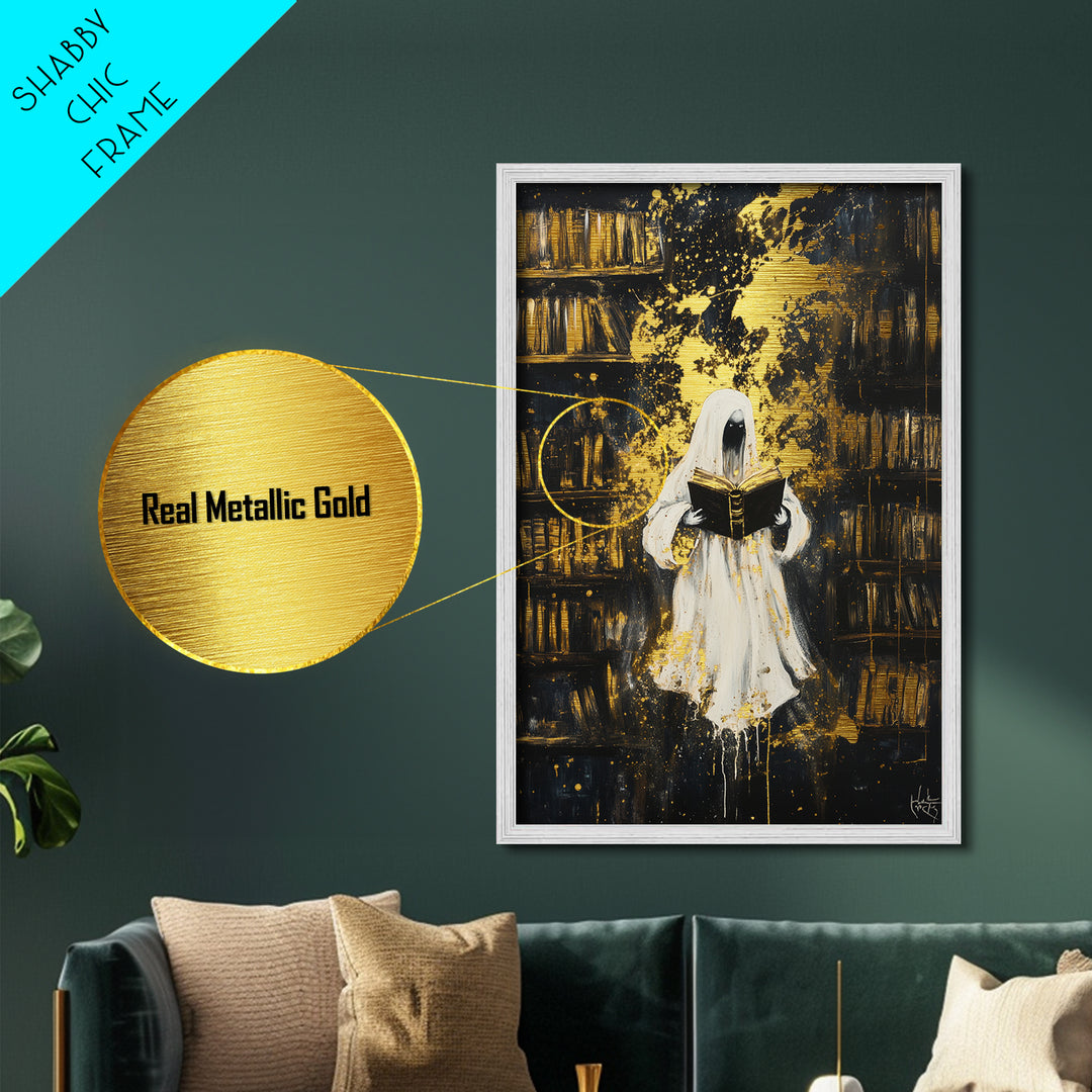 Ghostly Librarian Metallic Gold Art, Spooky Haunted Library Metal Art with Real Wood Frame, Halloween Gothic Wall Hanging