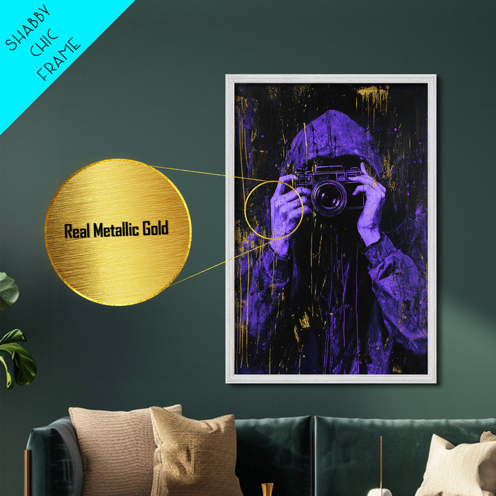 Purple Hooded Photographer Metallic Gold Art, Creepy Urban Metal Art Framed in Real Wood, Halloween Spooky Season Artwork