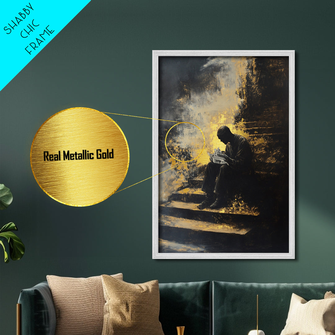 Shadow Reader on Steps, Haunted Gothic Metallic Gold Art, Creepy Halloween Metal Art with spooky vibe in real wood frame