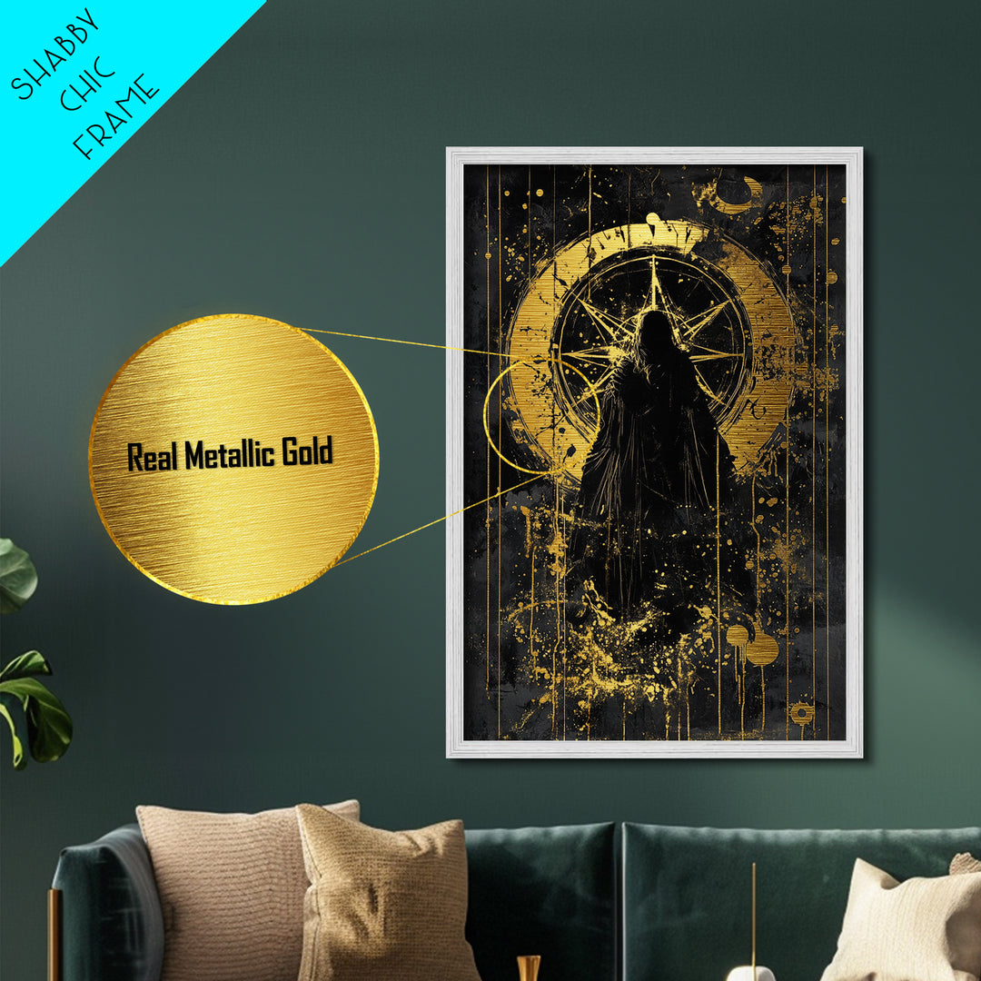 Mystic Compass Metallic Gold Art, Dark Gothic Metal Art Wall Hanging with Real Wood Frame, Spooky Season Halloween Decor