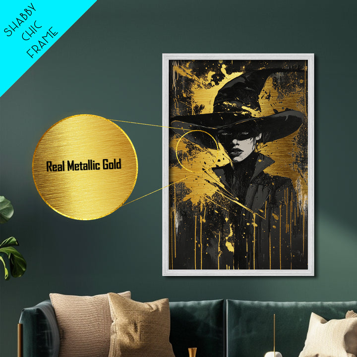 Witch Hat Portrait Metallic Gold Art, Creepy Halloween Metal Art in Wooden Frame, Gothic Spooky Season Witchy Wall Artwork