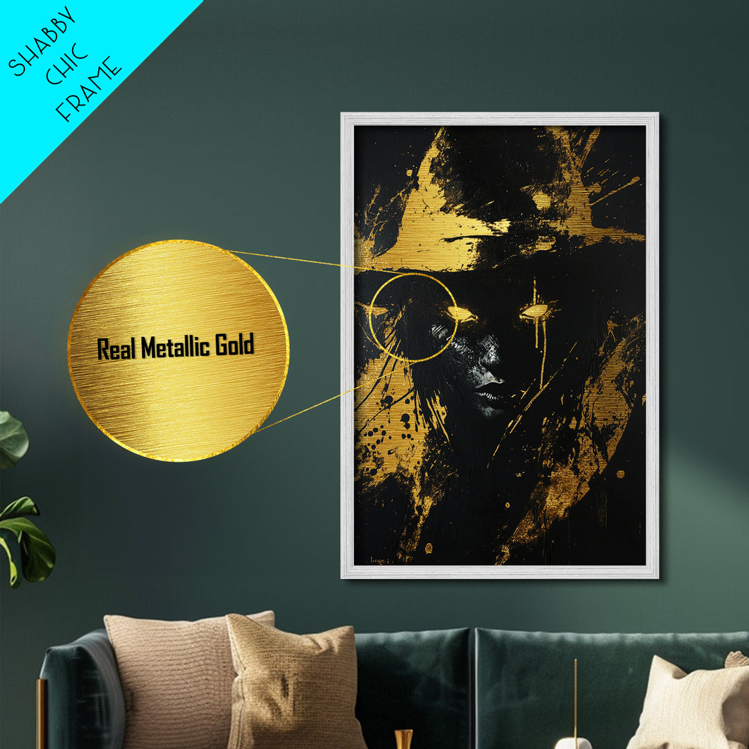 Glowing Eyes Witch Metallic Gold Art, Spooky Haunted Metal Art with Real Wood Frame, Gothic Halloween Season Wall Hanging