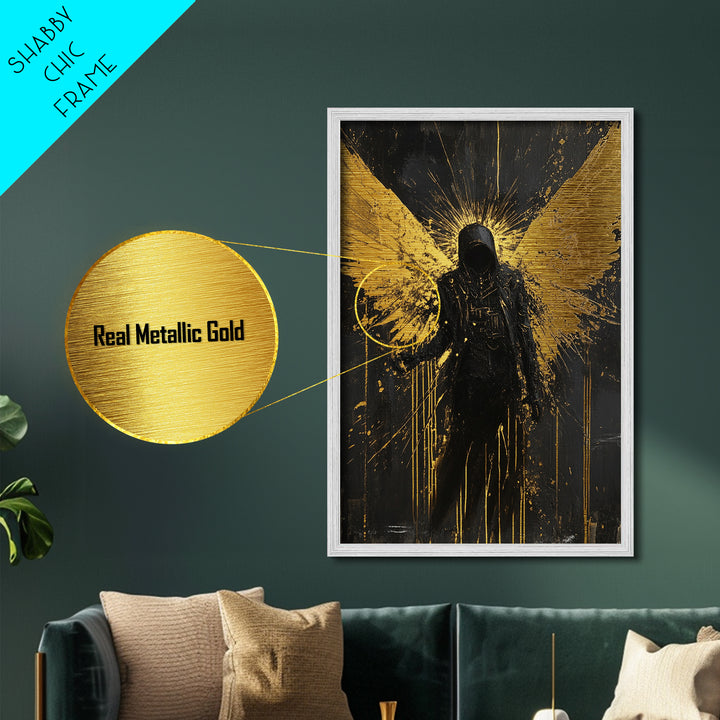 Dark Angel Metallic Gold Art, Gothic Winged Metal Art Wall Decor in Natural Wood Frame, Spooky Halloween Season Wall Artwork