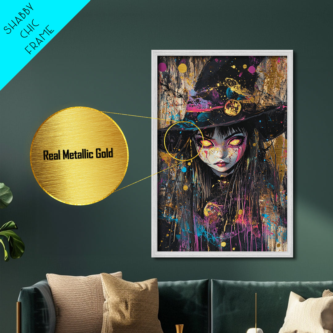 Gothic Witch Portrait with Glowing Eyes | Creepy Halloween Metallic Gold Art, Metal Art, Natural Wood Frame Witchy Wall Art