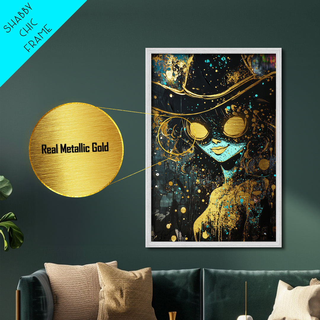 Haunted Sorceress with Fiery Eyes | Metallic Gold Art, Metal Art, Spooky Season Wall Decor in Real Wood Frame Witch Halloween Art