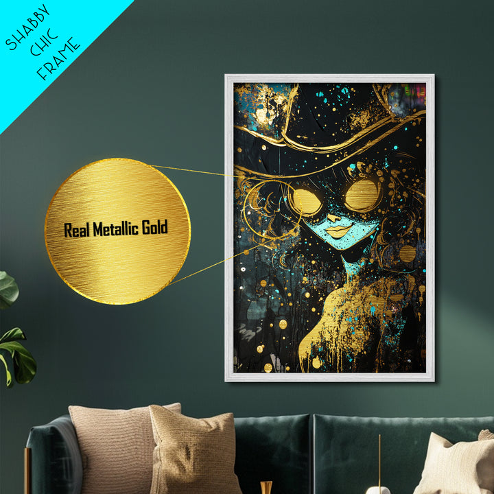 Haunted Sorceress with Fiery Eyes | Metallic Gold Art, Metal Art, Spooky Season Wall Decor in Real Wood Frame Witch Halloween Art