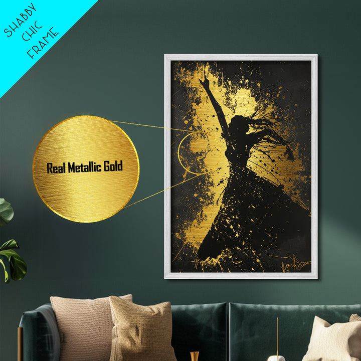 Dancing Silhouette Gothic Spirit, Spooky Splatter Metallic Gold Art, Halloween Horror Metal Art framed in natural wood