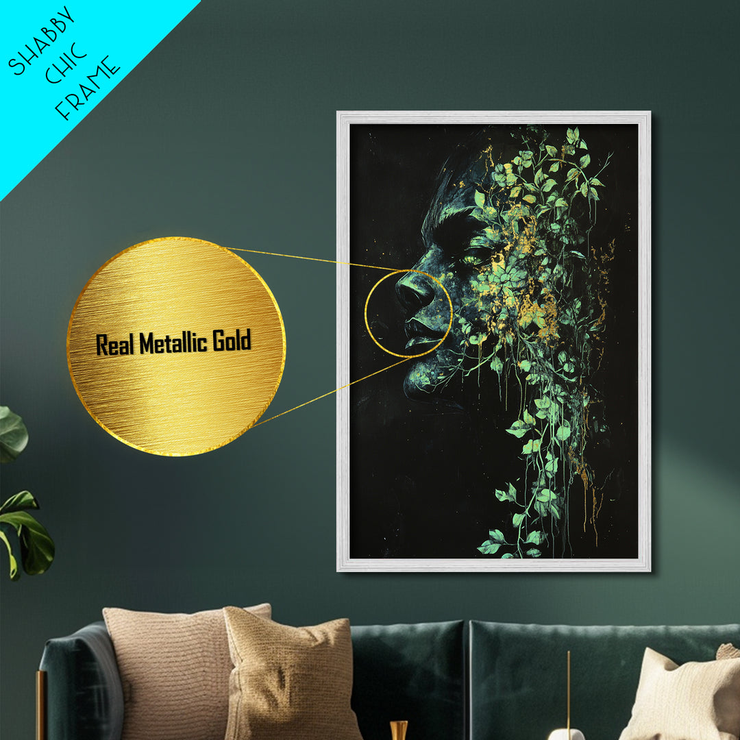 Creepy Botanical Face with Ivy Growth | Gothic Horror Metallic Gold Art, Metal Art, Halloween Nature Spirit Artwork in Wood Frame