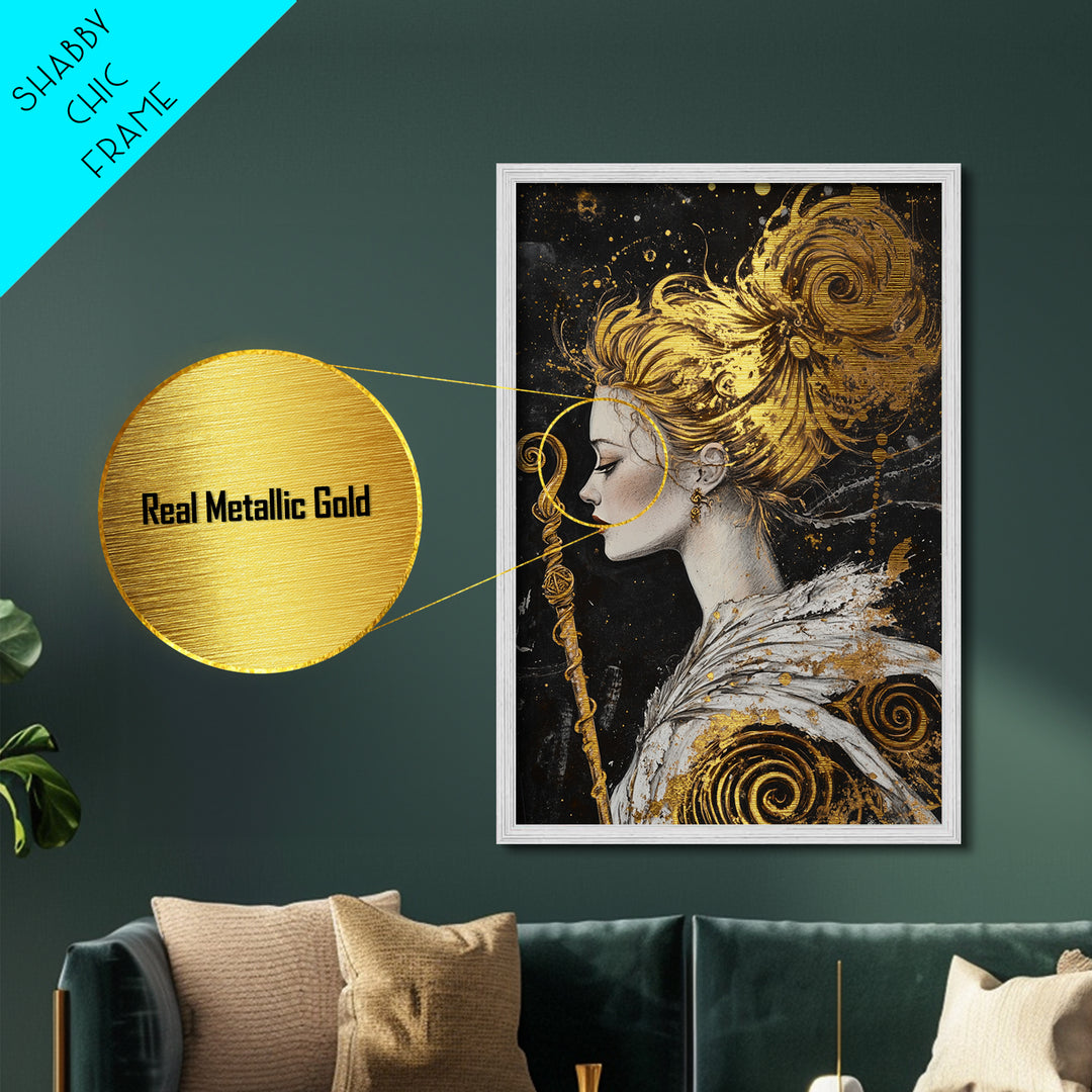 Golden Haired Enchantress with Staff | Witchy Halloween Metallic Gold Art, Metal Art, Mystical Fantasy Portrait in Natural Wood Frame