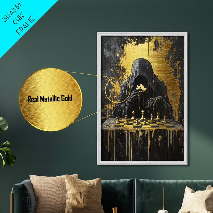 Grim Reaper Playing Chess | Spooky Season Halloween Metallic Gold Art, Metal Art, Gothic Horror Wall Decor in Wood Frame Design