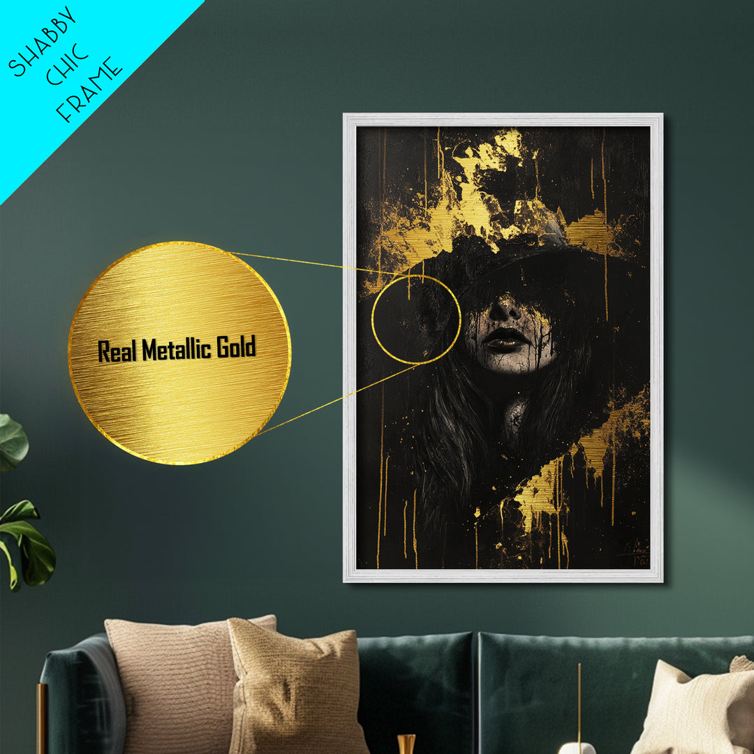 Witch in Shadow with Golden Drips | Creepy Halloween Metallic Gold Art, Metal Art, Haunted Gothic Portrait Framed in Real Wood