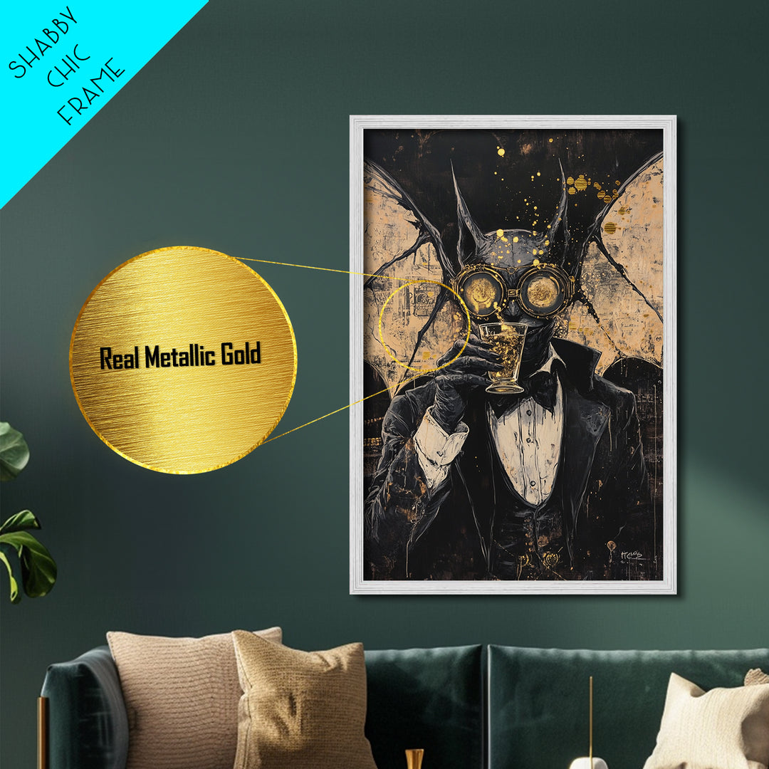 Steampunk Bat Gentleman with Drink | Gothic Halloween Metallic Gold Art, Metal Art, Spooky Vampiric Decor with Natural Wood Frame