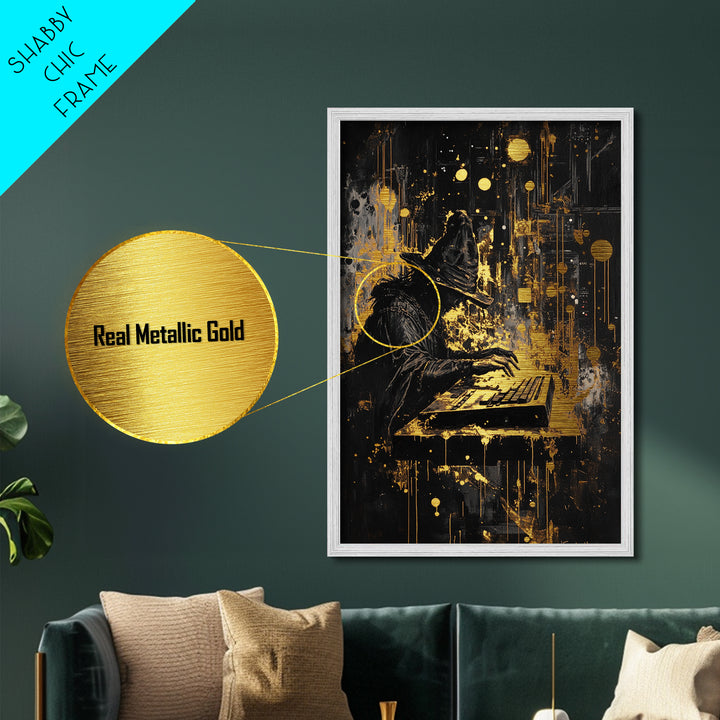 Witch Hacker Spooky Season Wall Decor, Metallic Gold Art Metal Art, Creepy Haunted Painting with Real Wood Frame